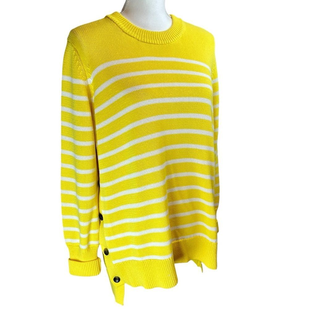 TUCKERNUCK Bonnie Crew Sweater Sz M Yellow Stripe Nautical Preppy Button Coastal